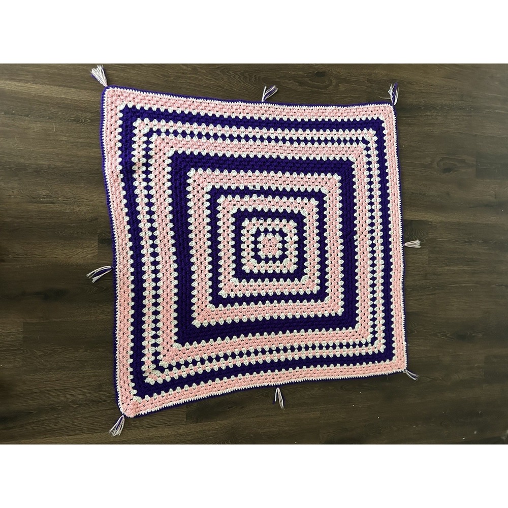 Vintage Afghan Granny Square Blanket Hand Crocheted Pink‎ Purple Tassel 41x39